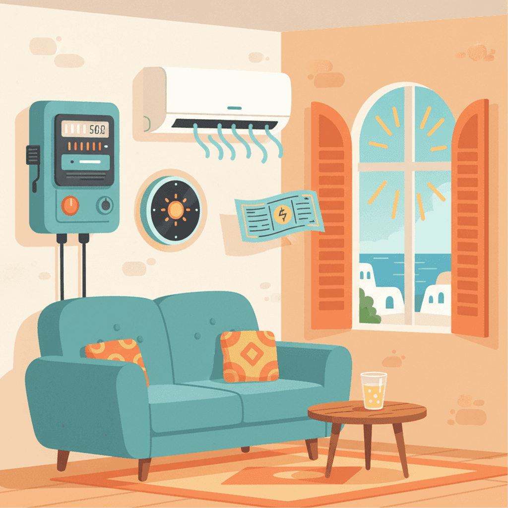 Ilustración de una vivienda turística con contador eléctrico, termostato inteligente y factura de luz