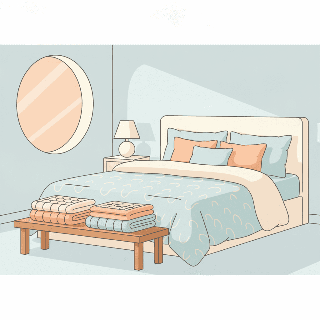 Flat illustration of a bed with a duvet, folded blankets, and pillows in a vacation rental