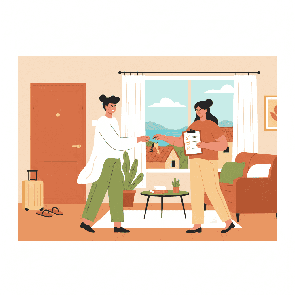 Apartamento vacacional limpio con checklist, llaves y maleta junto a la puerta representando el proceso de check-out