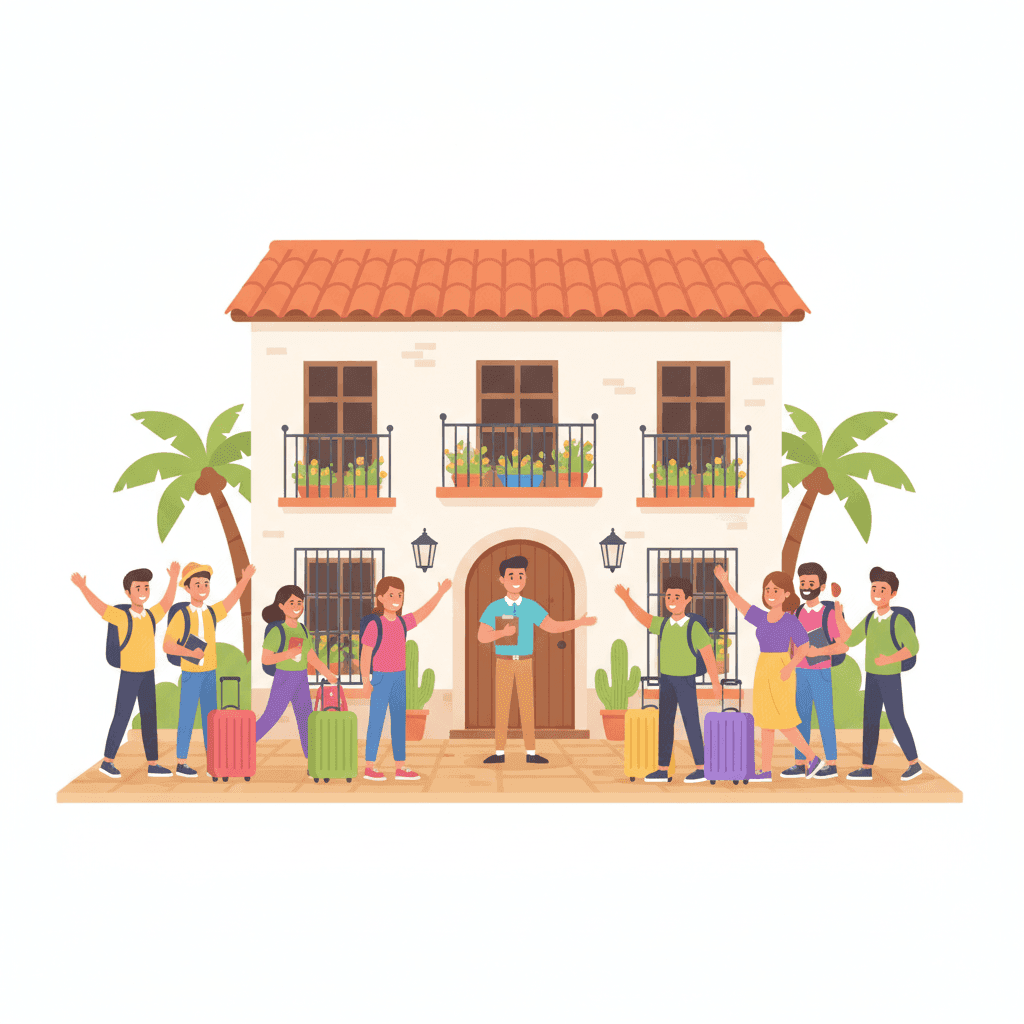 Ilustración de un grupo de huéspedes llegando a una vivienda turística con maletas