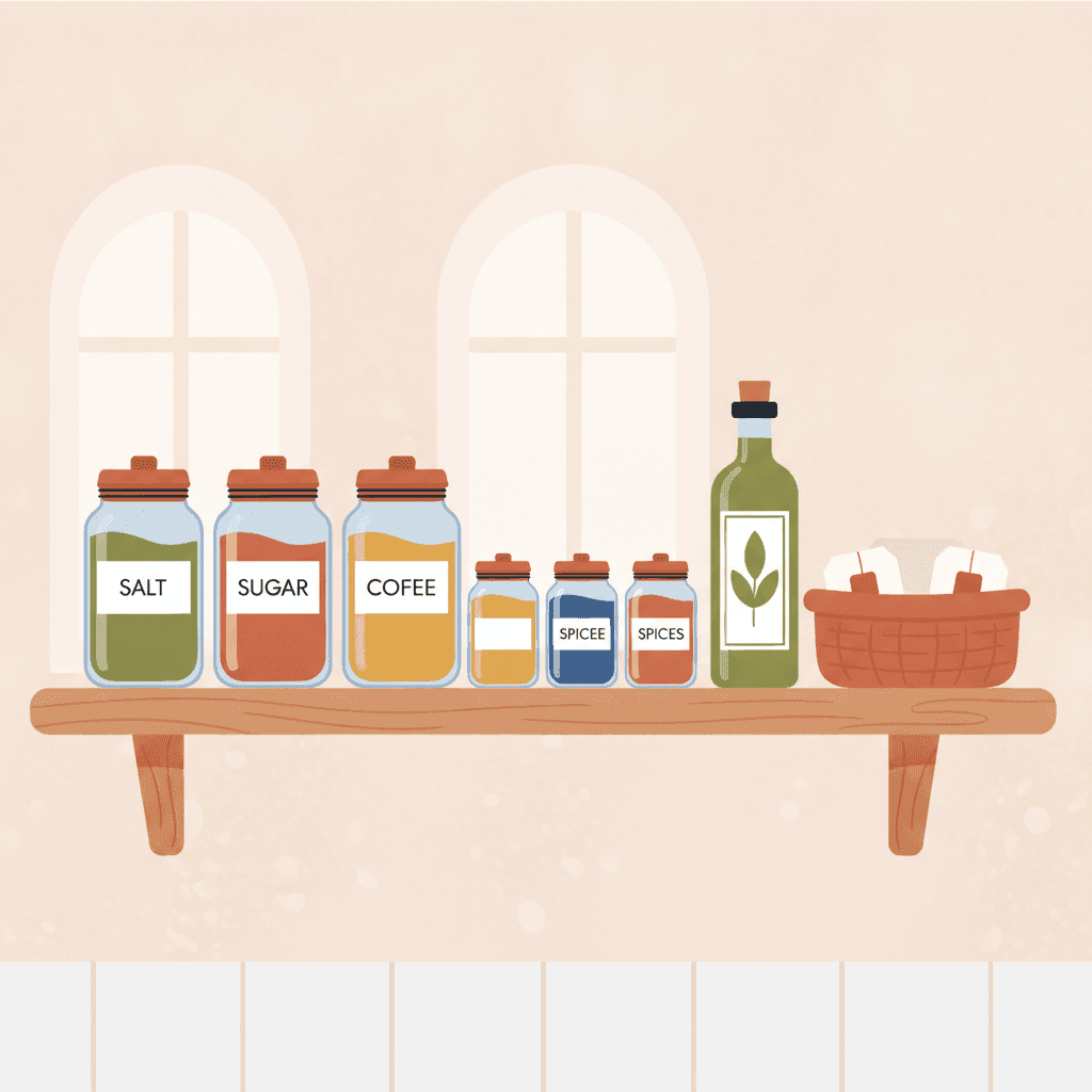 Flat illustration of a kitchen shelf with jars of salt, olive oil, spices, and coffee in a vacation rental