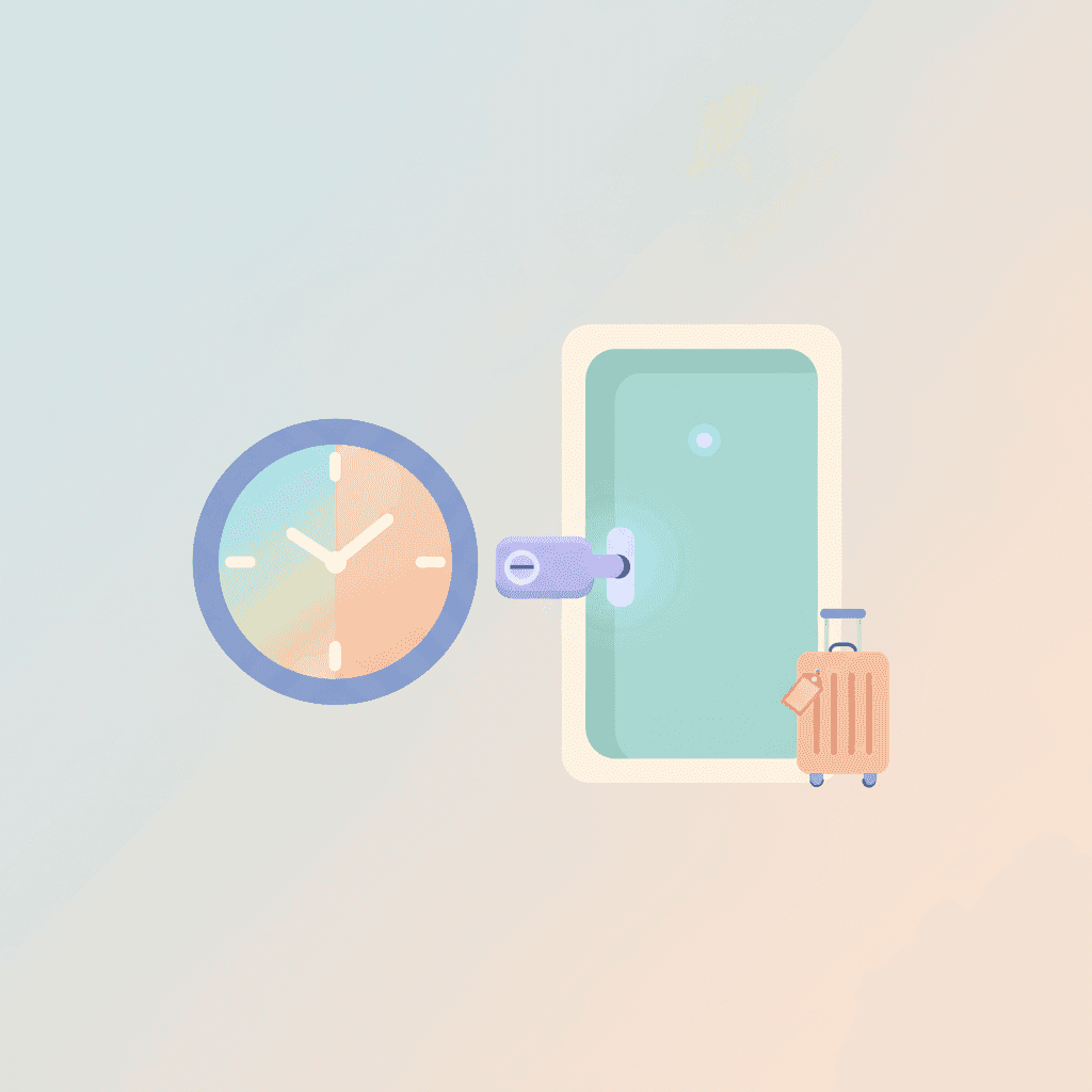 Ilustración de un reloj y una llave junto a la puerta de un apartamento turístico