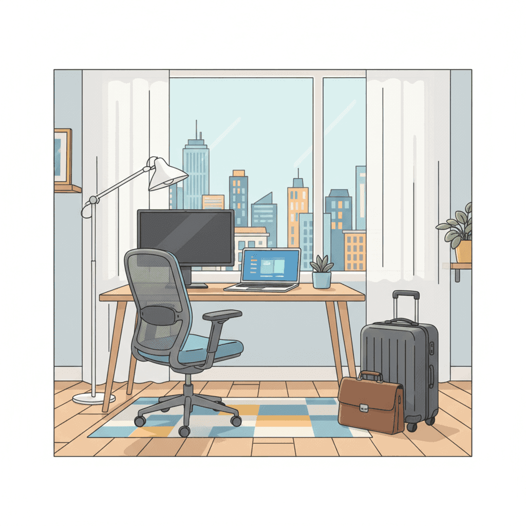 Ilustración plana de un apartamento turístico con zona de trabajo, portátil y maleta de viaje de negocios