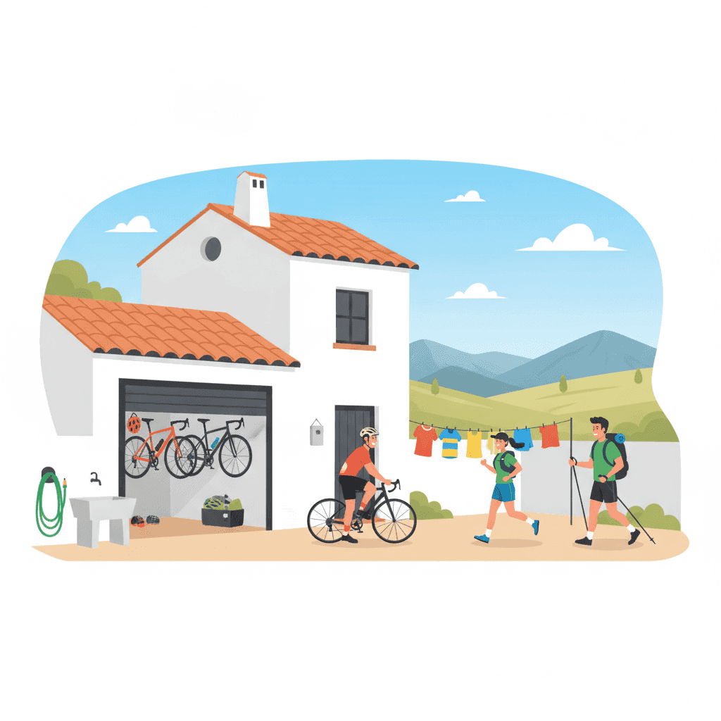Ilustración plana de ciclista, runner y senderista frente a una vivienda turística con garaje para bicis