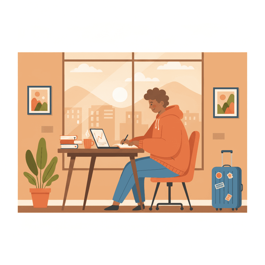 Ilustración de un estudiante internacional estudiando en una vivienda turística con libros, portátil y maleta