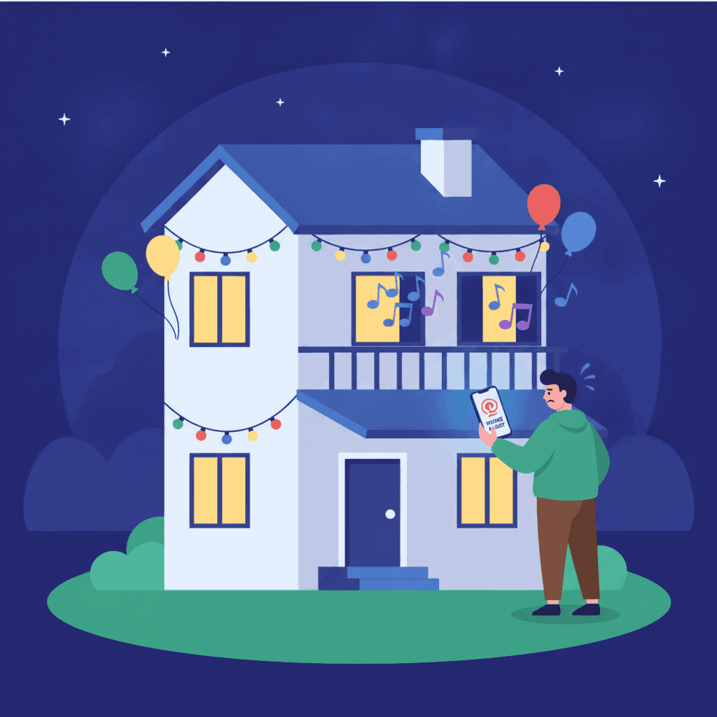 Ilustración de una casa vacacional con música alta y globos, mientras un propietario mira preocupado desde fuera con un móvil en la mano