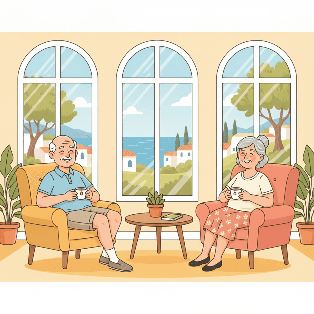 Ilustración plana de una pareja mayor disfrutando en el salón de una vivienda turística acogedora y bien iluminada