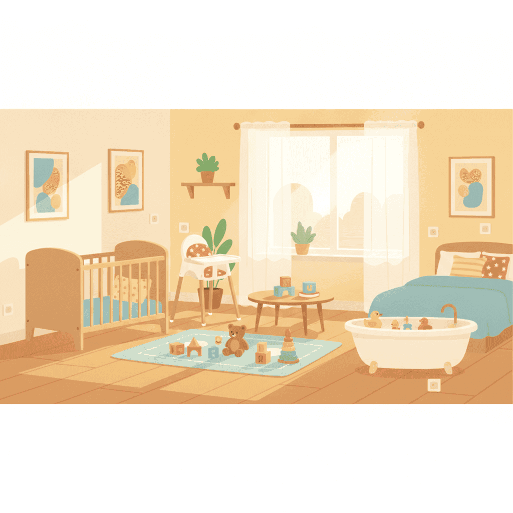Ilustración plana de una vivienda turística preparada para familias con cuna, trona y juguetes infantiles