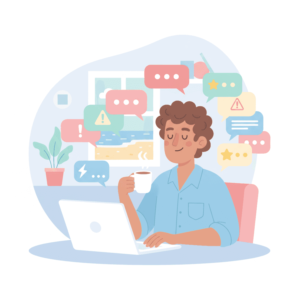 Ilustración de un propietario de vivienda turística gestionando un chat lleno de mensajes de quejas con calma
