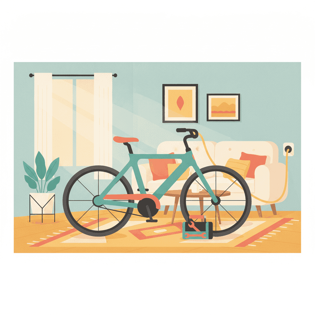 Ilustración de una bicicleta eléctrica aparcada en el salón de una vivienda turística con un enchufe cargando la batería