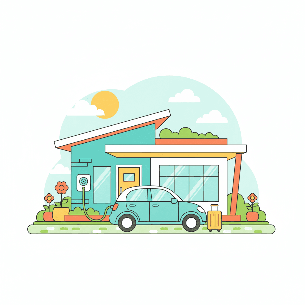 Ilustración plana de una vivienda turística con un coche eléctrico cargando en el garaje mediante un wallbox