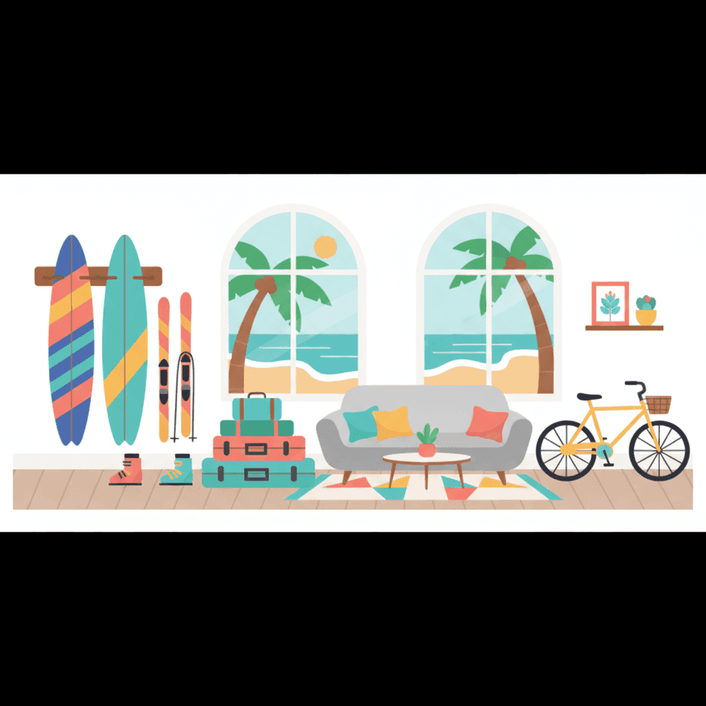 Ilustración de una vivienda turística con tablas de surf, esquís y bicicletas almacenadas de forma ordenada
