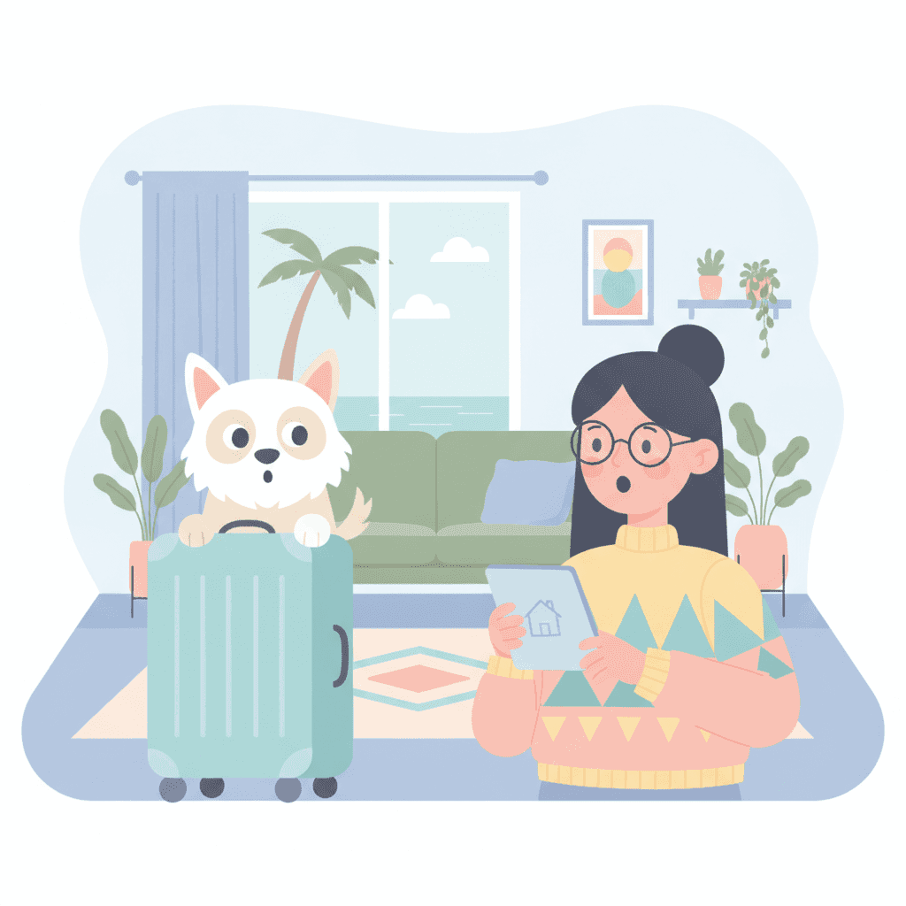 Ilustración de un perro asomándose escondido detrás de una maleta en una vivienda turística