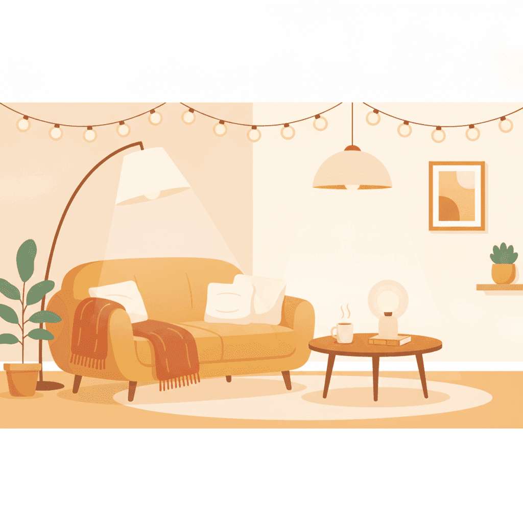 Ilustración plana de un salón de vivienda turística con varias lámparas iluminando en tonos cálidos