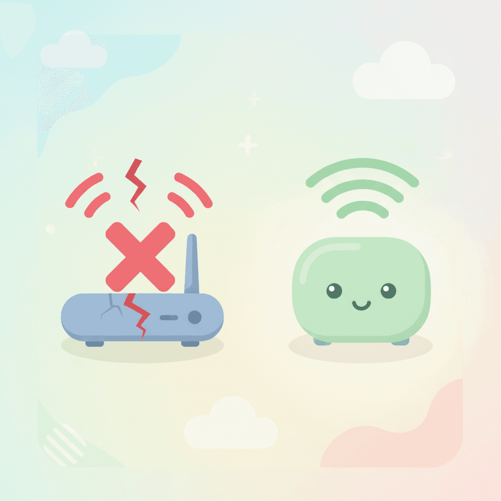 Ilustración plana de un router WiFi con señal cortada y un router 4G de respaldo encendiéndose al lado