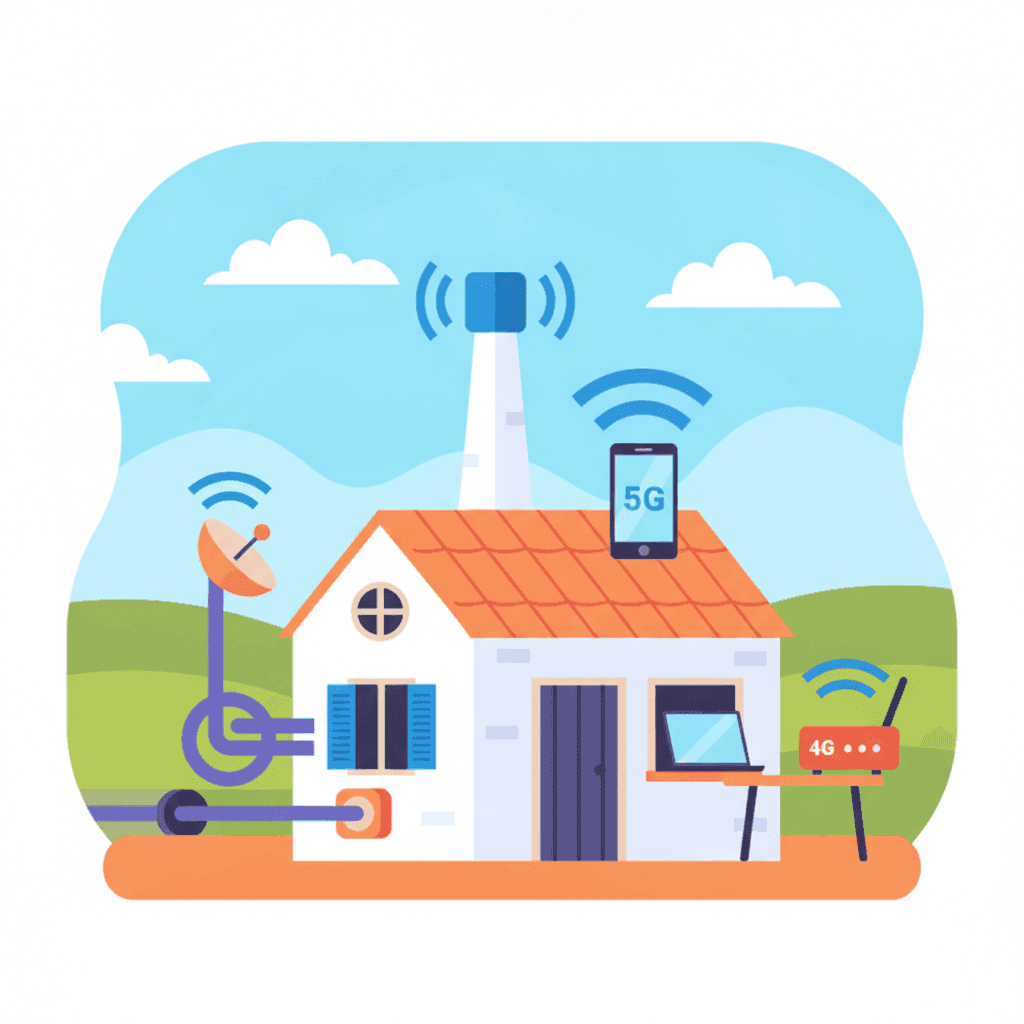 Illustration of a vacation home connected to fiber optic, a 5G router, and a 4G tower