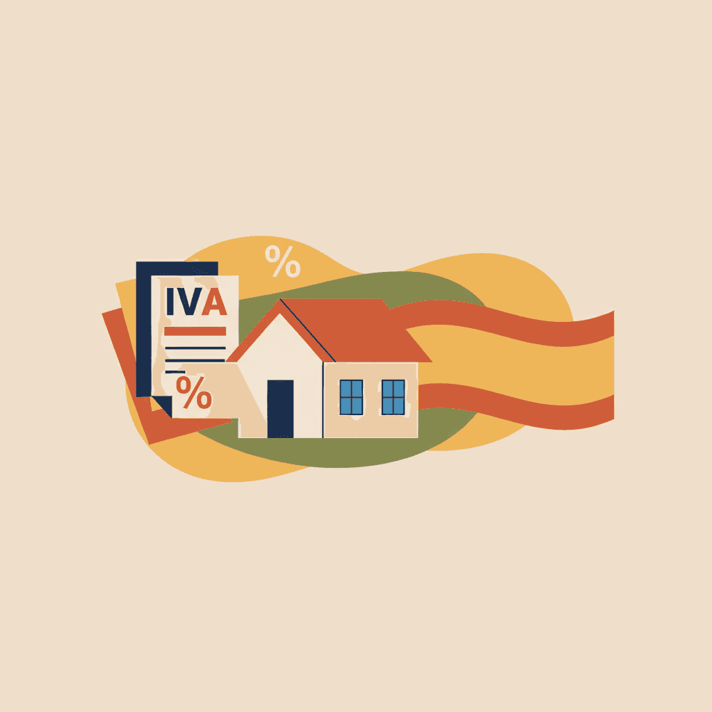 Documentos fiscales con símbolos de IVA y porcentajes junto a una vivienda turística y elemento de bandera española