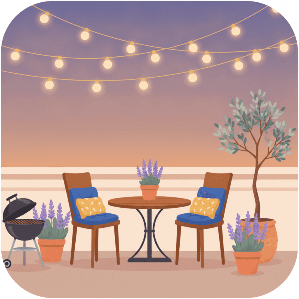 Ilustración plana de una terraza de vivienda turística con muebles, plantas y luces cálidas al atardecer
