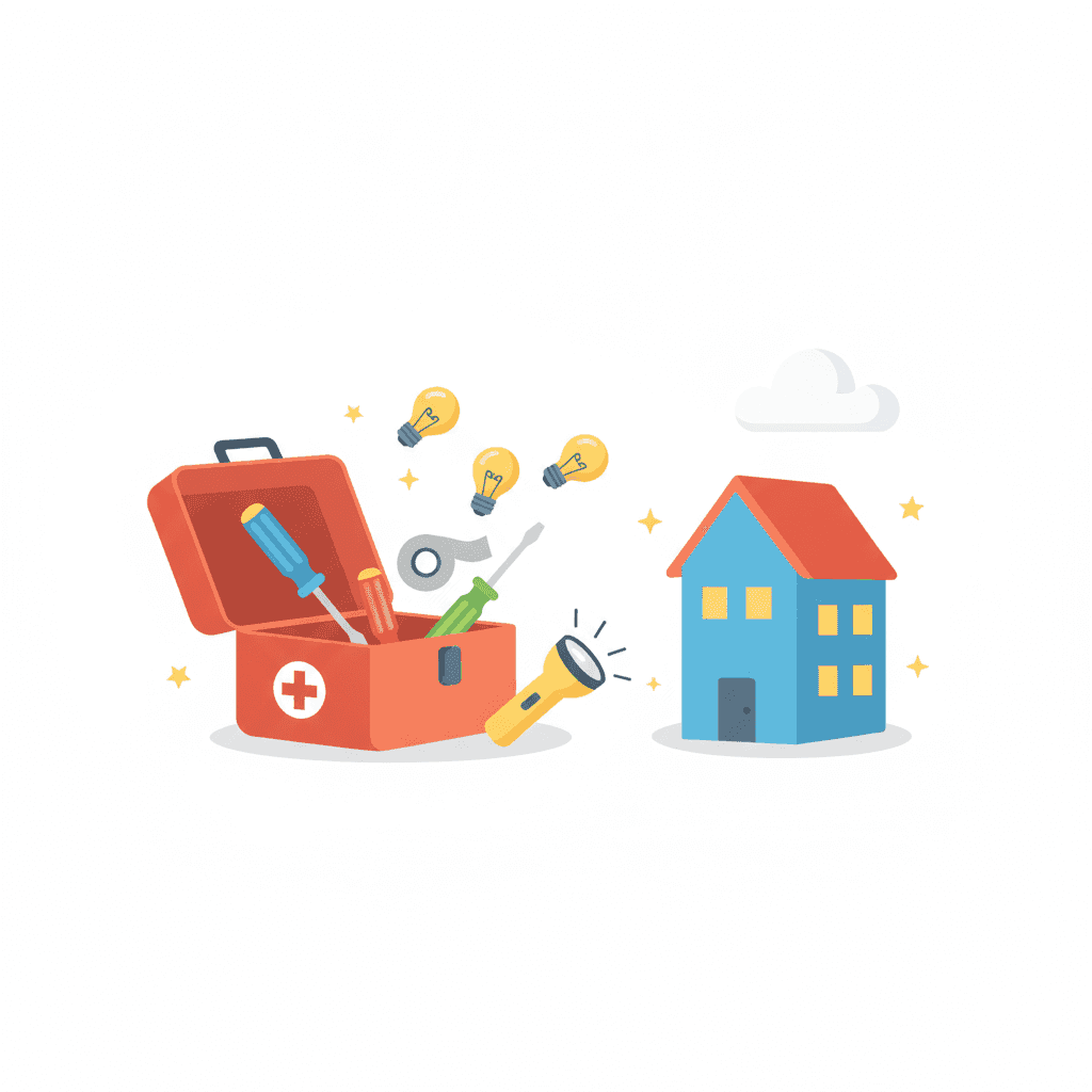 Ilustración plana de una caja de herramientas abierta con bombillas, destornilladores y cinta americana junto a una vivienda turística