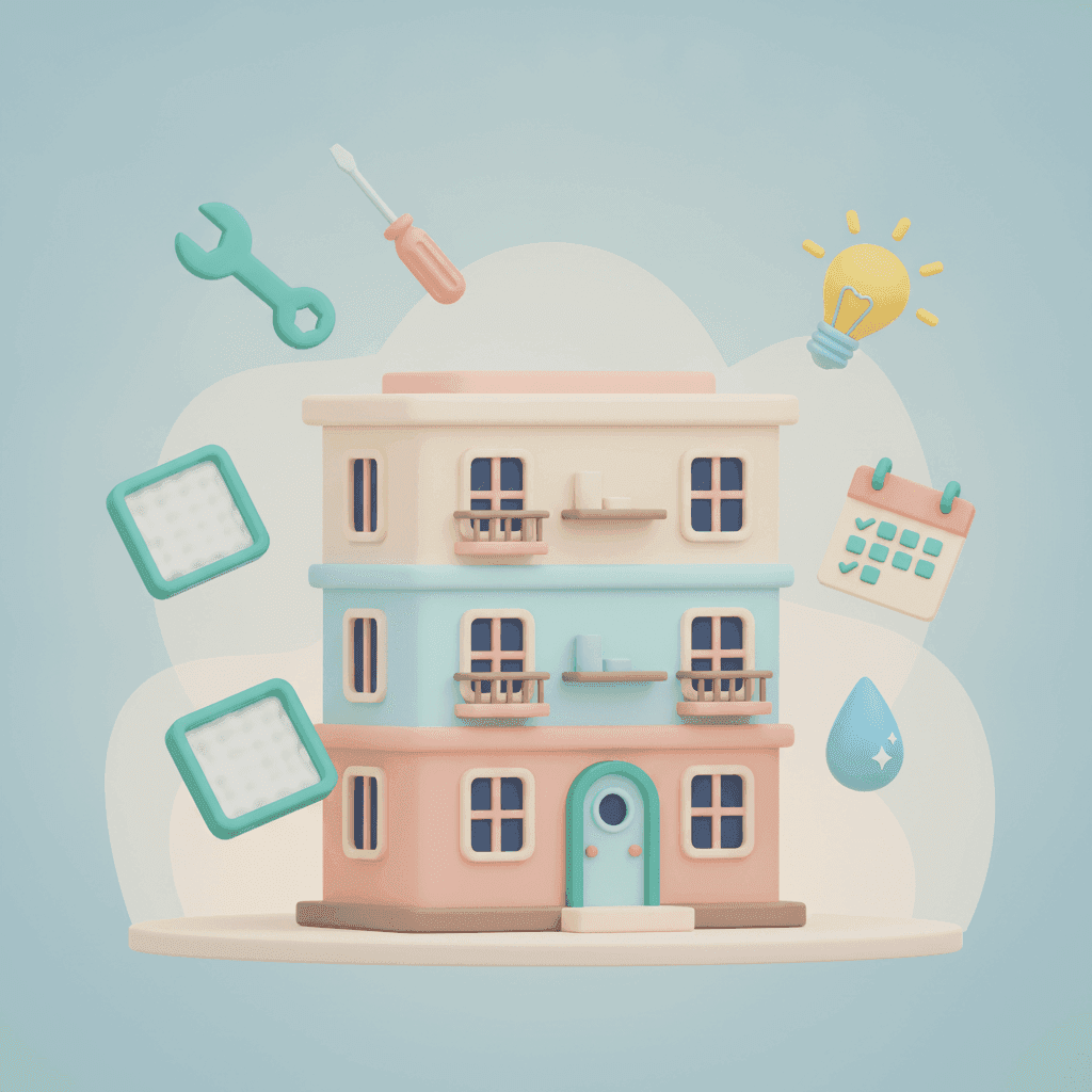 Ilustración de una vivienda turística con herramientas de mantenimiento y un calendario de revisiones periódicas