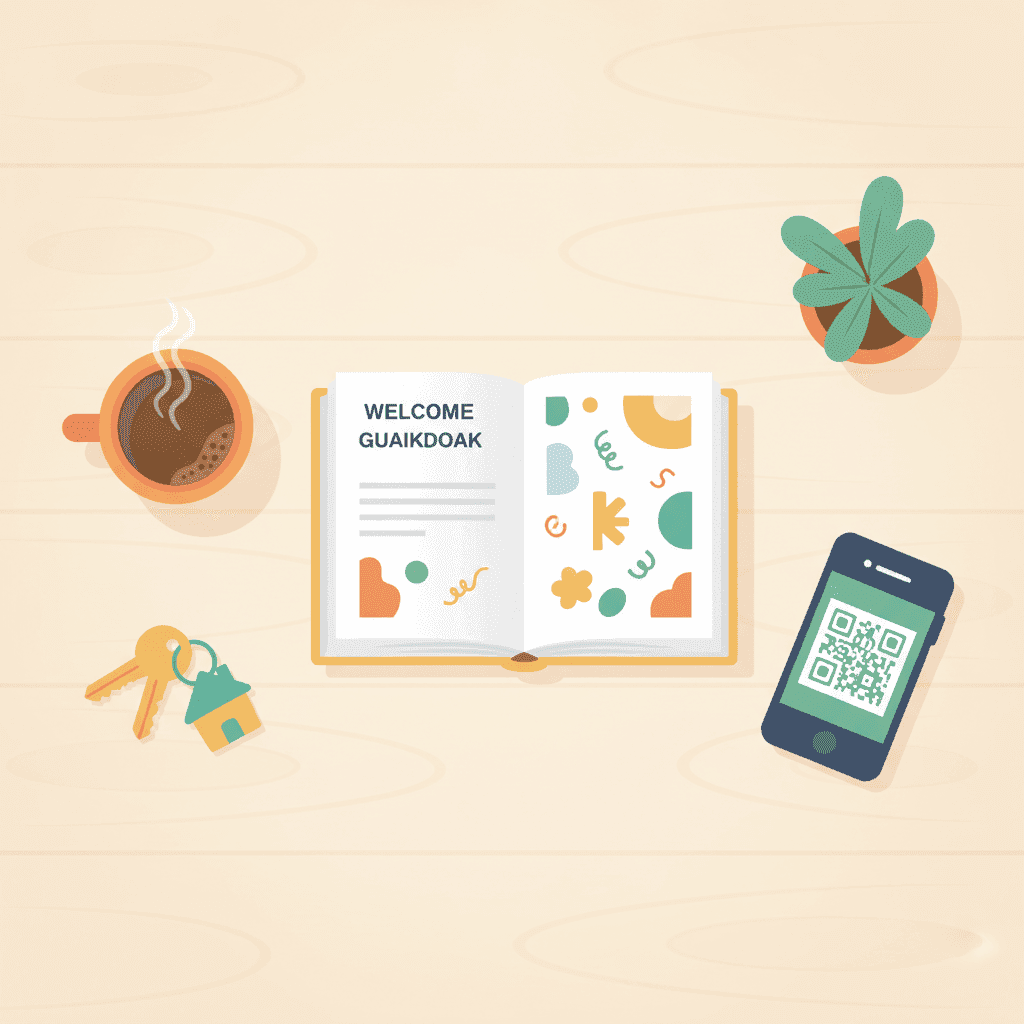 Ilustración de un manual de bienvenida abierto sobre una mesa con una taza de café, llaves y un móvil con un código QR