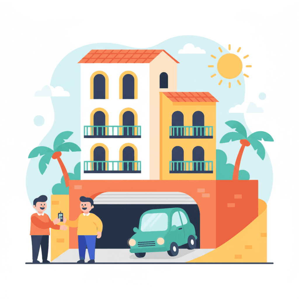 Ilustración de una vivienda turística con plaza de garaje y un coche aparcado