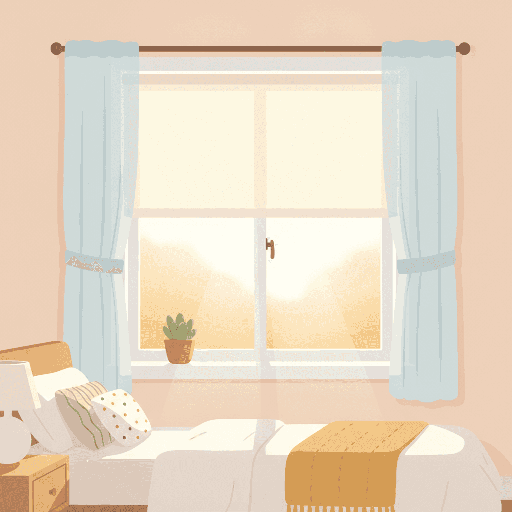 Flat illustration of a window with a blind and curtains in a vacation rental home