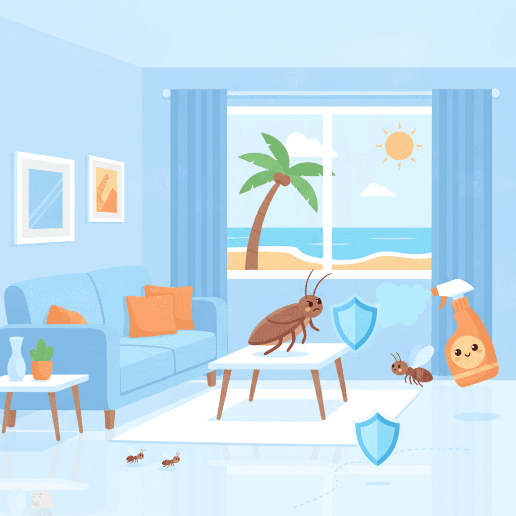 Ilustración vectorial plana de una vivienda turística con iconos de plagas comunes como cucarachas, mosquitos y hormigas, con símbolos de prevención y limpieza