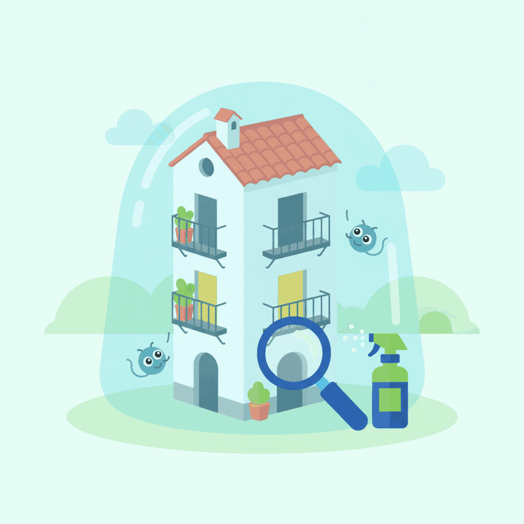 Illustration of a tourist home with shield symbols protecting against small insects and mice