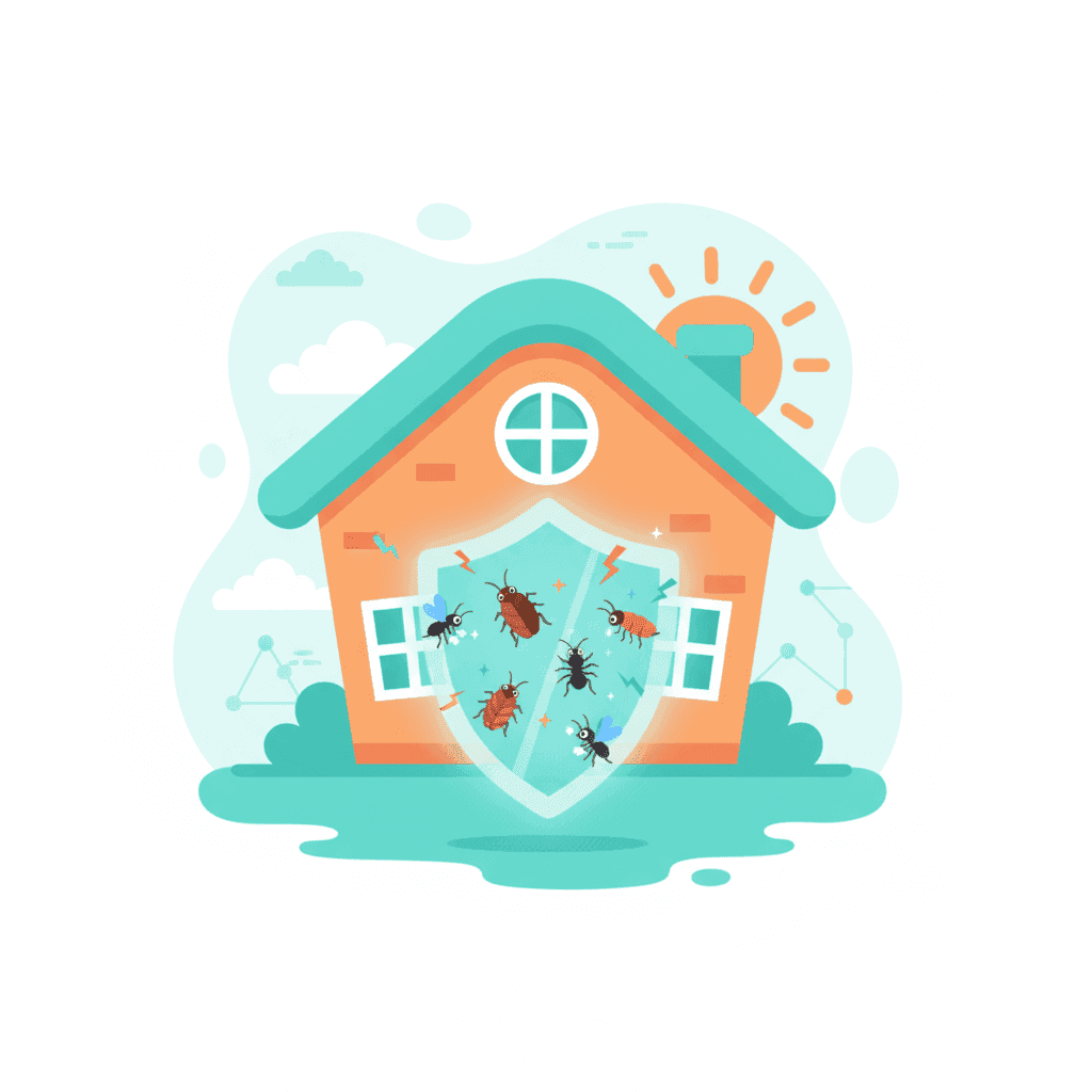 Illustration of a tourist accommodation with pest prevention icons: cockroaches, bed bugs, mosquitoes, and ants being blocked by protective shields