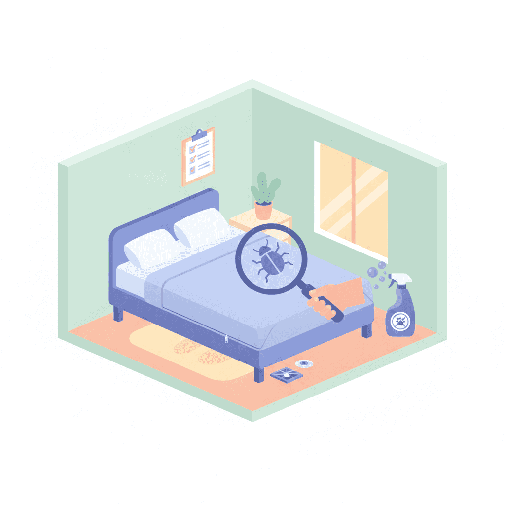 Illustration of a vacation home with pest prevention symbols: mattress with cover, spray, traps, and a cleaning checklist