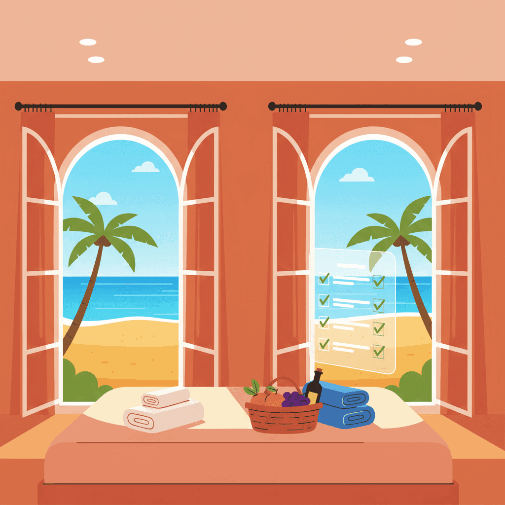 Apartamento turístico español preparado para la temporada alta con toallas, cesta de bienvenida y vista al mar