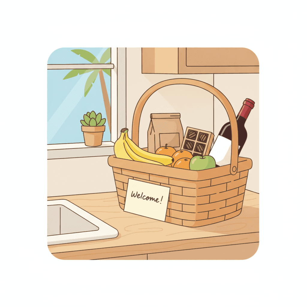 Illustration of a welcome basket in a vacation rental with wine, fruit, coffee, and a handwritten note on the countertop