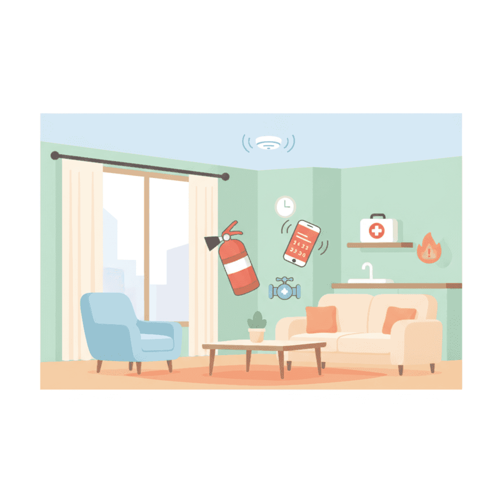Flat illustration of a vacation rental home with icons of a fire extinguisher, smoke detector, first aid kit, and emergency phone