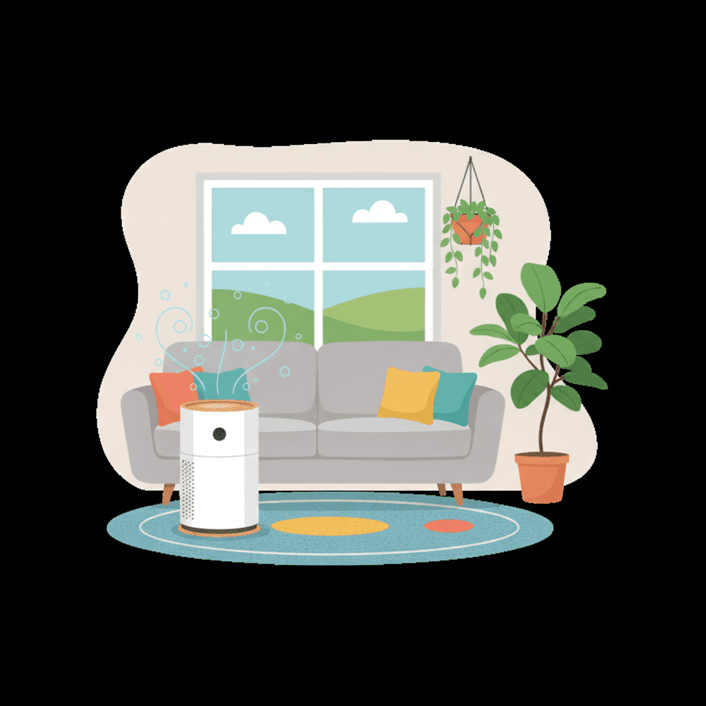 Illustration of a modern air purifier in a vacation home living room with clean air coming out