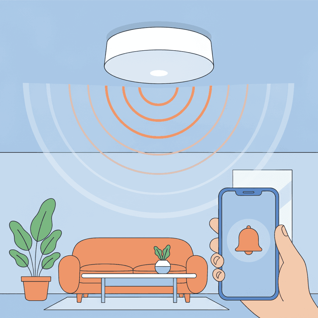 Ilustración de un sensor de ruido en el techo de un salón con ondas de sonido y un móvil mostrando una notificación