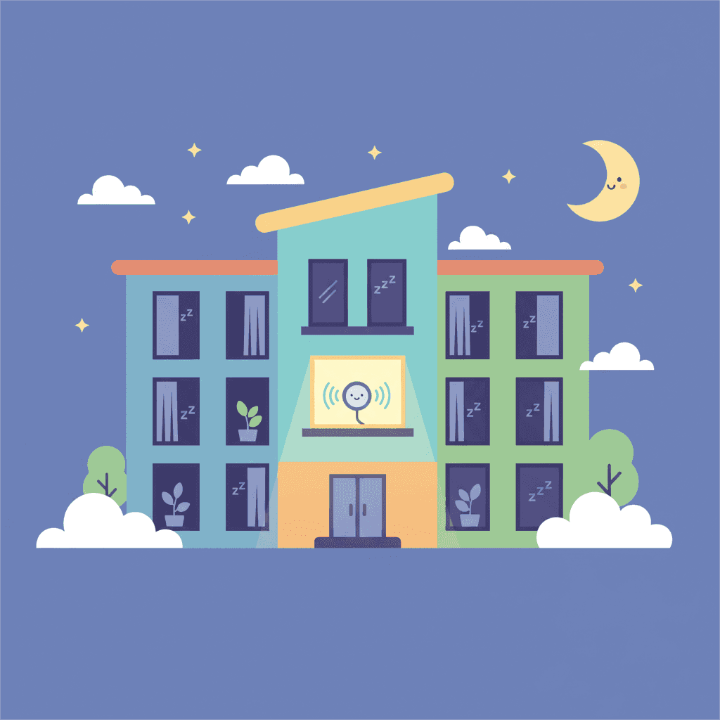 Ilustración de una vivienda turística con un sensor de ruido detectando decibelios mientras los vecinos duermen tranquilos