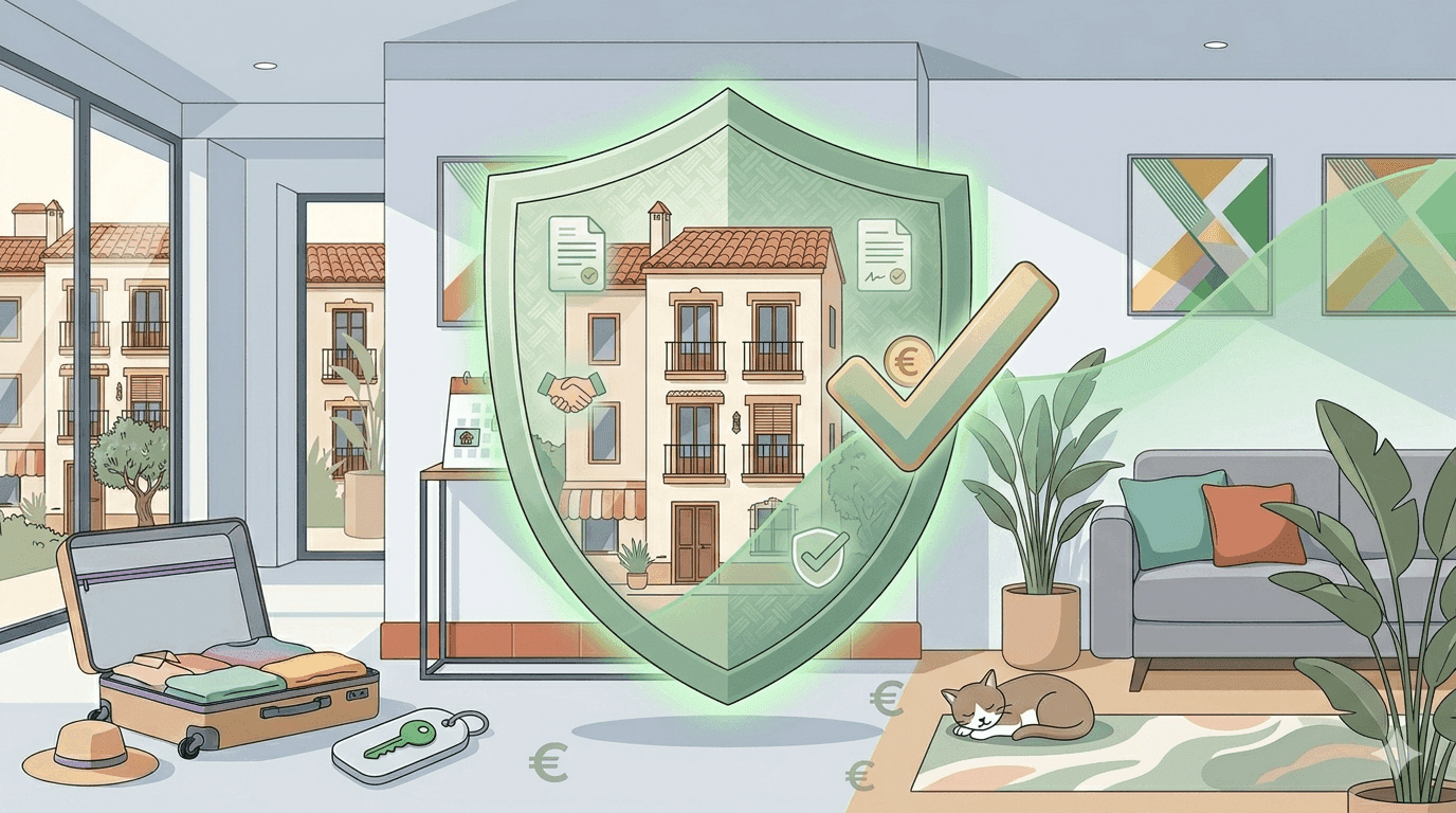 Escudo de protección junto a una vivienda turística representando las coberturas de seguro necesarias