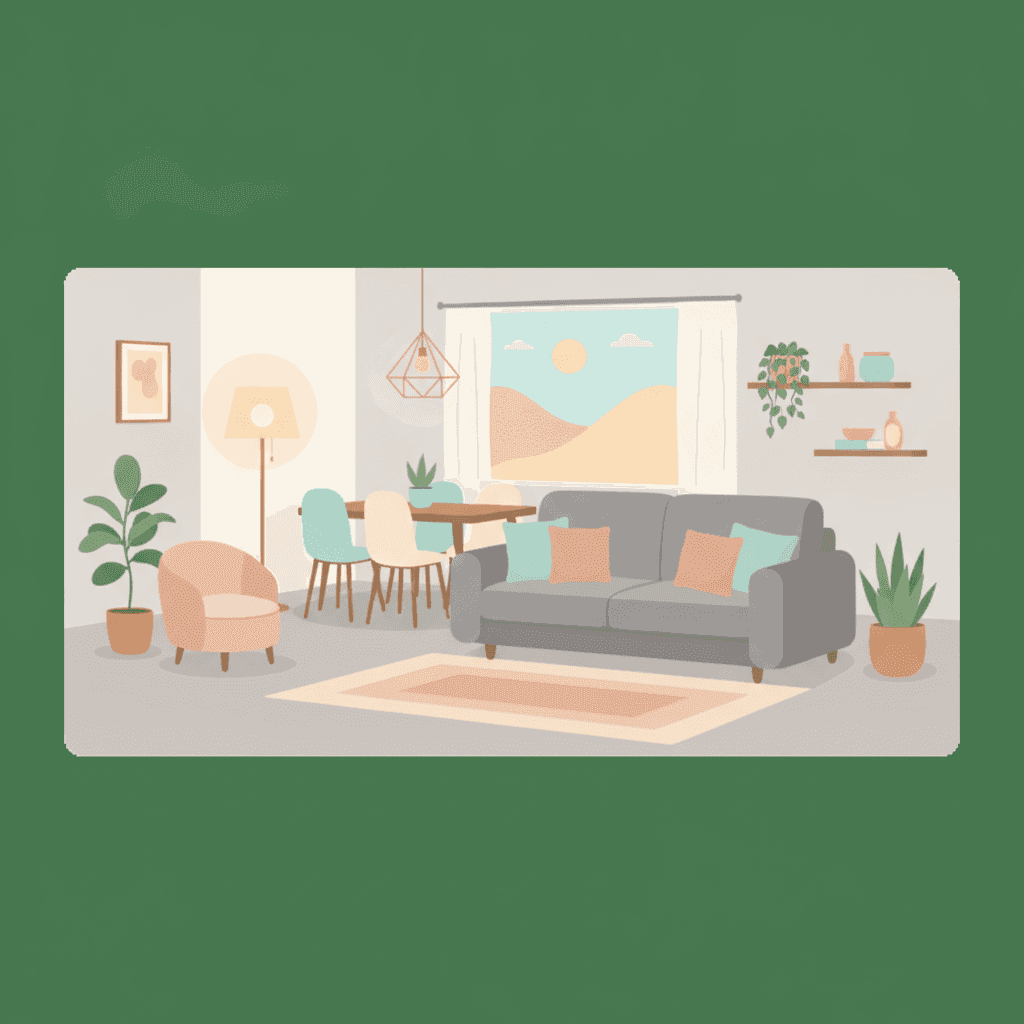 Flat illustration of a modern vacation home living room with sofa, armchair, and dining chairs