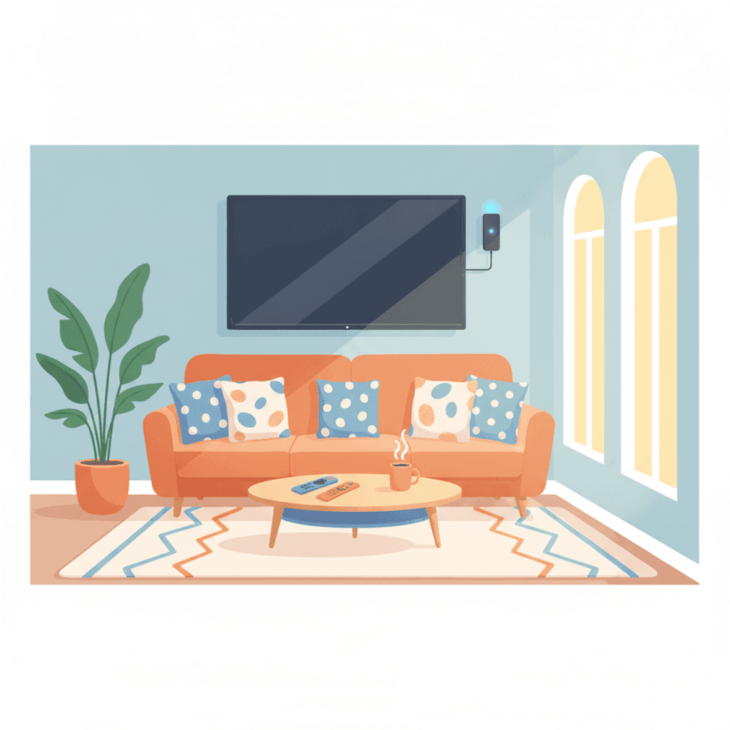 Ilustración de un salón de vivienda turística con Smart TV y dispositivo Fire Stick conectado