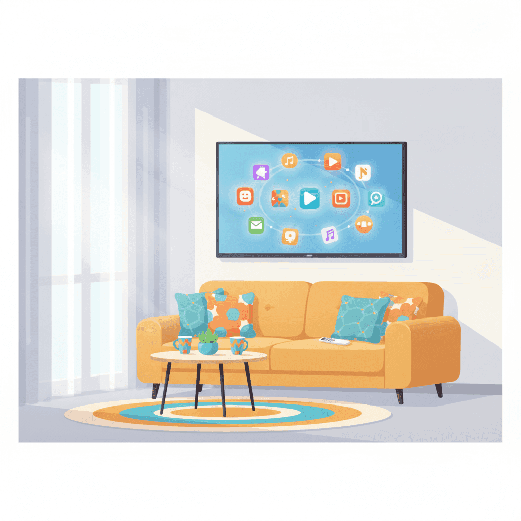 Ilustración de un televisor en el salón de una vivienda turística con apps de streaming