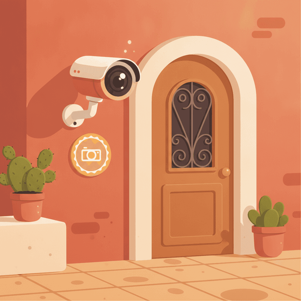 Ilustración plana de una cámara de videovigilancia en la puerta de una vivienda turística con cartel informativo
