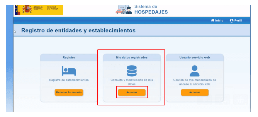 Pantalla de registro de entidades y establecimientos con la tarjeta 'Mis datos registrados' resaltada