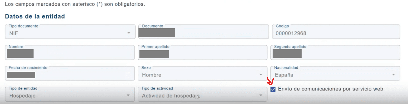 Formular mit den Daten der Einrichtung und angehaktem Kästchen 'Envío de comunicaciones por servicio web'