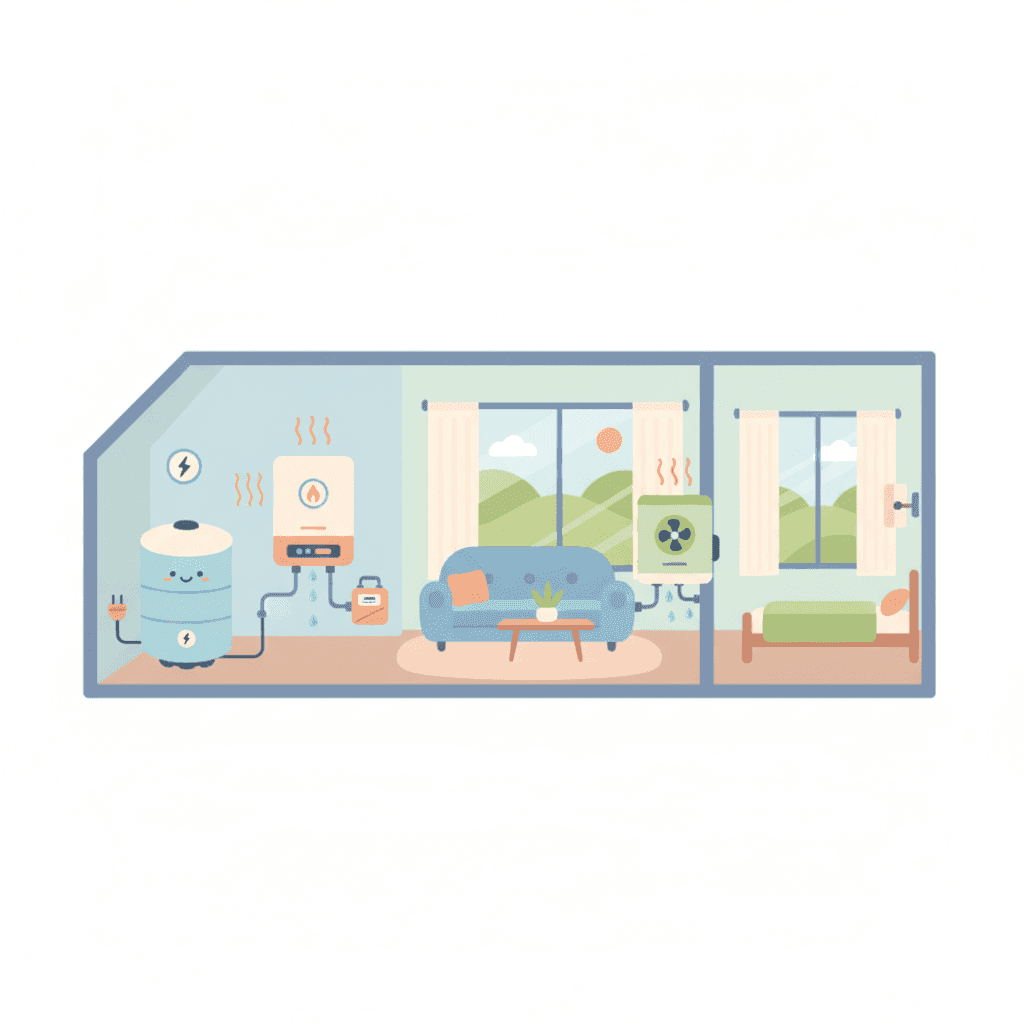 Ilustración plana de una vivienda turística con termo eléctrico, caldera de gas y sistema de aerotermia comparados