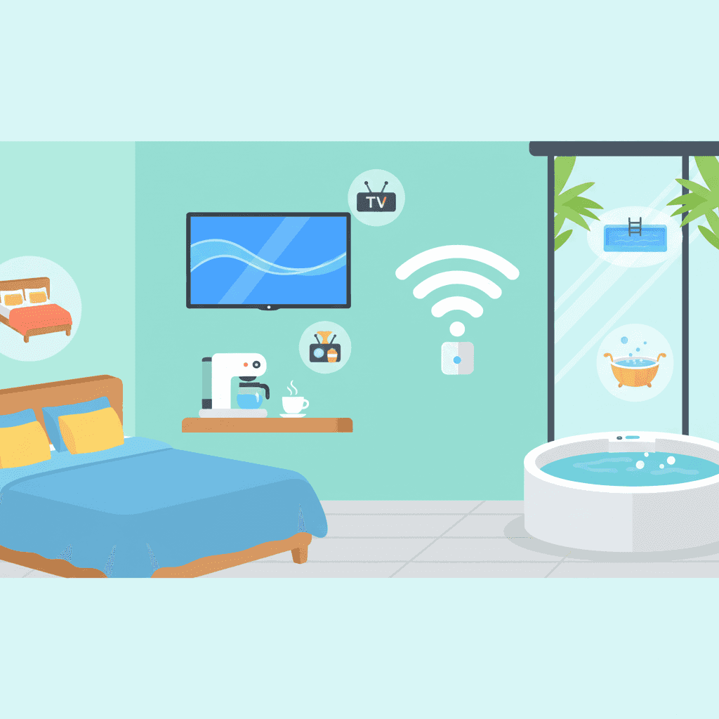 Ilustración de una vivienda turística con varios amenities destacados como wifi, café, piscina y smart TV