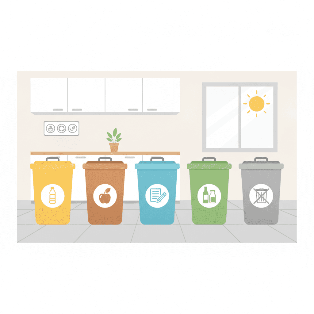 Ilustración de cubos de reciclaje de colores en una cocina de vivienda turística