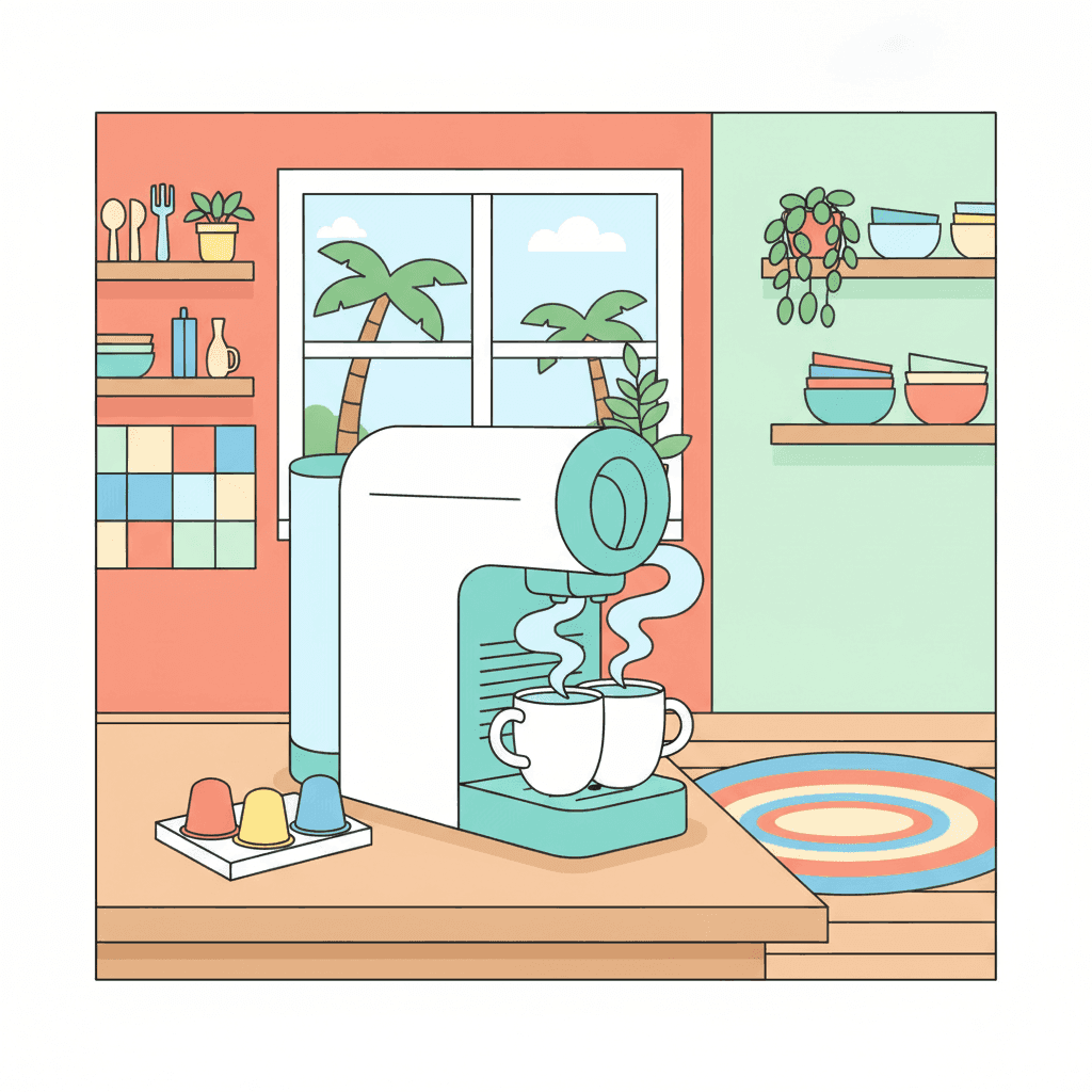 Ilustración de una cafetera de cápsulas con tazas y café recién hecho en una vivienda turística