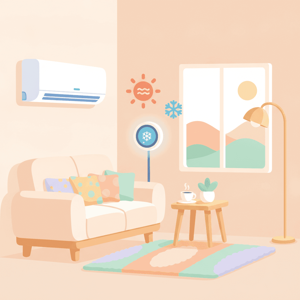 Ilustración de un piso turístico con aire acondicionado split y termostato inteligente