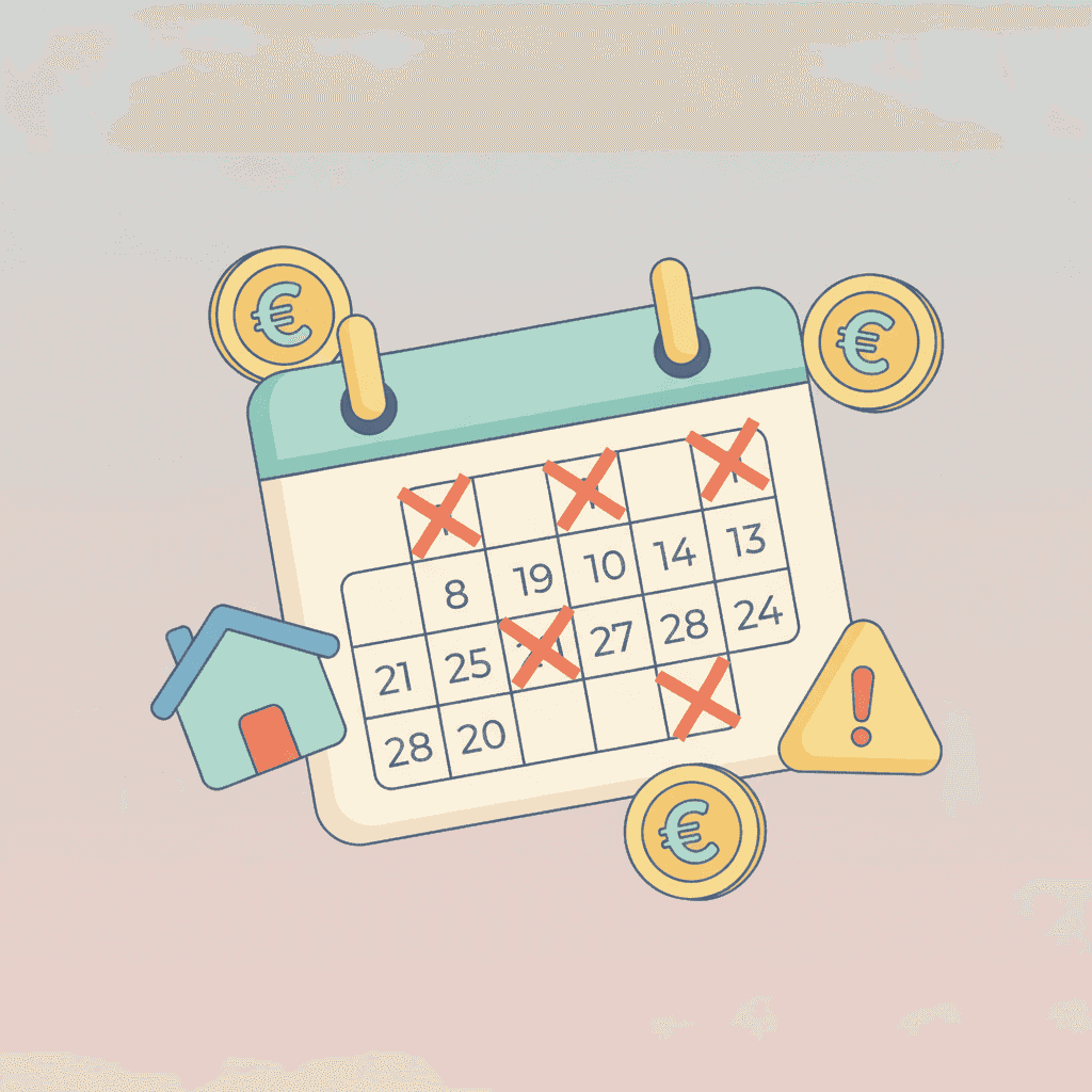 Ilustración de un calendario con fechas tachadas y monedas cayendo, simbolizando cancelaciones en alquiler turístico